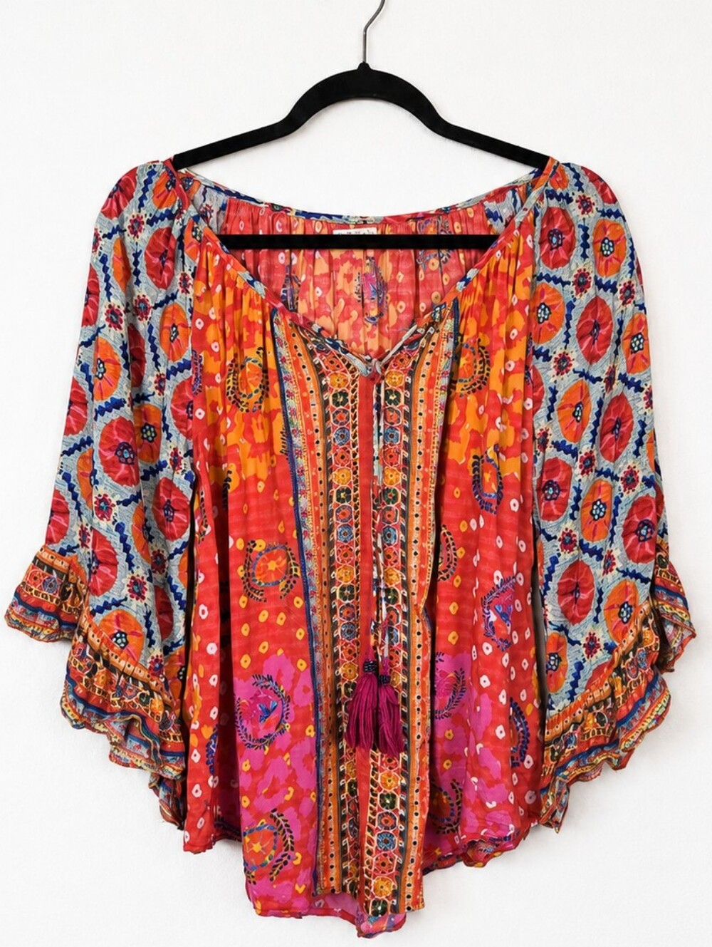 Lula Soul XS Boho Mirror Embellished Bell Sleeve Tassel Blouse Resort